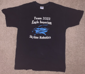 2010 T-Shirt Front - Black Shirt with Team 3322 Eagle Imperium
Eagle head
Skyline Robotics.
Text in white, logo in blue