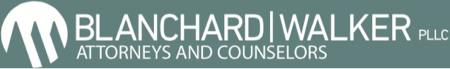 Green rectangle with a white circle that has a triangle and two trapezoids cut out from the bottom and the text:Blanchard | Walker PLLC Attorneys & Counselors
