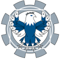 Skyline robotics logo - A gear containing a robotic eagle posed similarly to DaVinci's Vitruvian Man