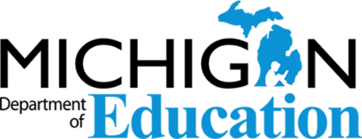 Michigan Department of Education - logo with the A in Michigan represented by an image of the state with a child reading in silhouette in the lower peninsula