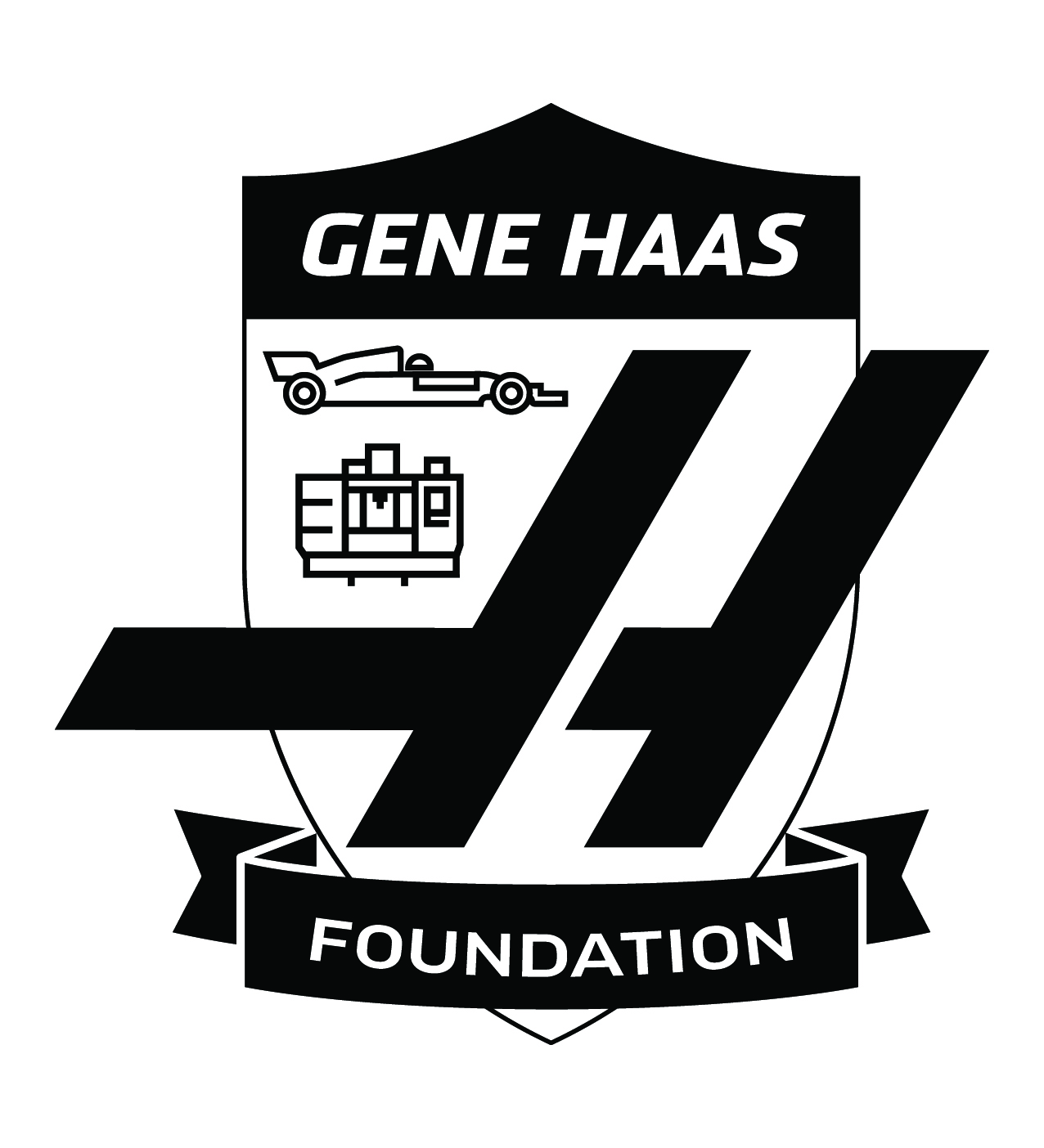 Gene Haas Foundation - shield with Gene Haas in top section, a race car and industrial equipment, and large stylized H. A ribbon that says Foundation is on the bottom of the shield