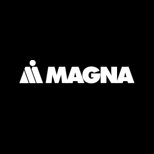 Magna logo - black square with MAGNA in white text. In front is a white stylized M like a mountain with a dot on top 