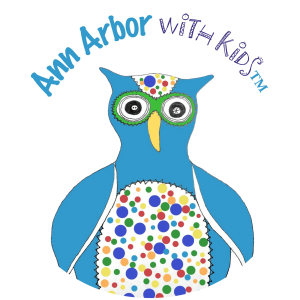 Ann Arbor with Kids over a blue cartoon owl with colored circles on the belly and head.